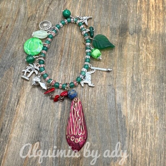 Green Aventurine beaded bracelet multi charms and rose quartz - Picture 4 of 6